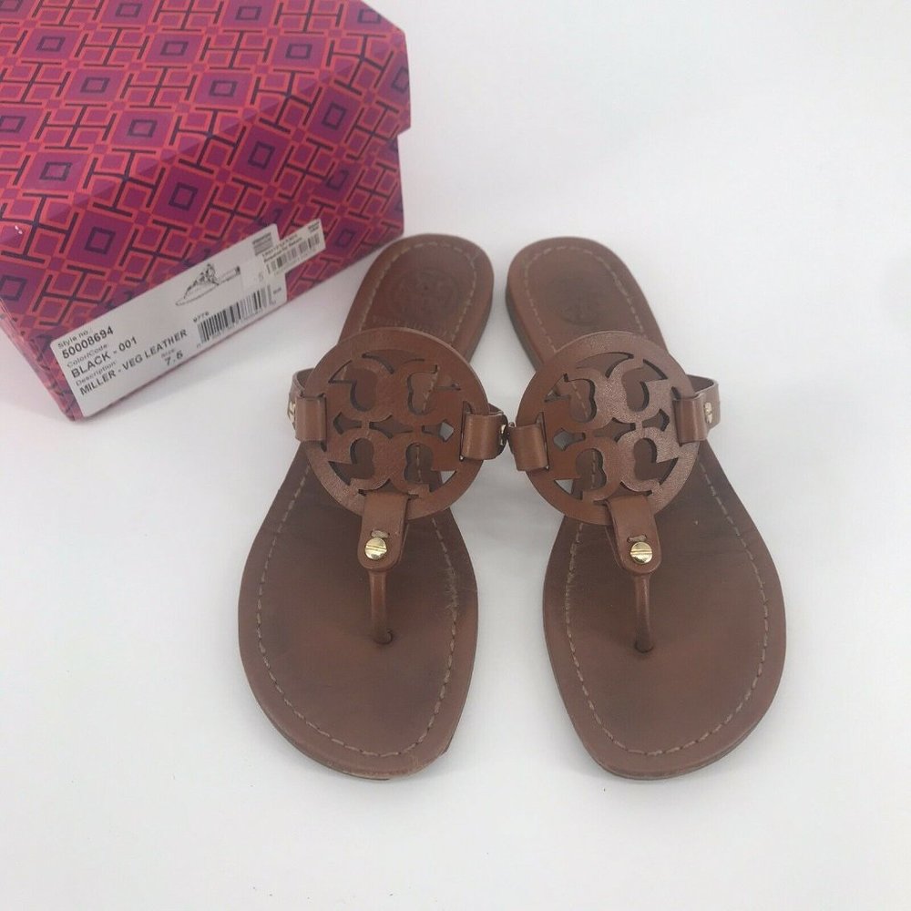 Tory Burch Miller Vintage Vachetta Sandals Flip Flops Size 7.5 #G Authentic